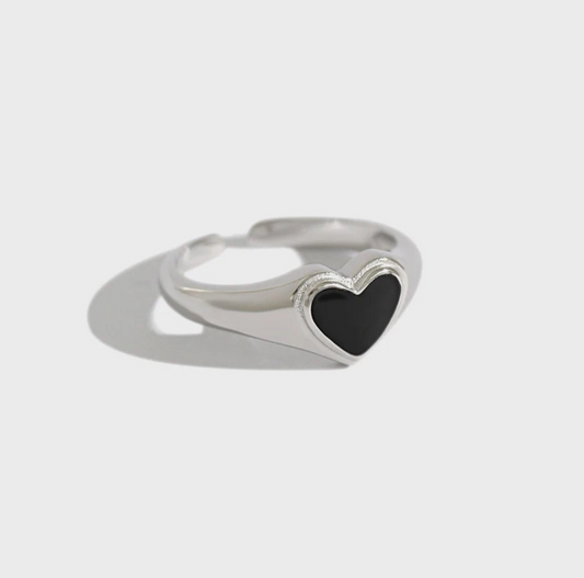 Silver black heart ring