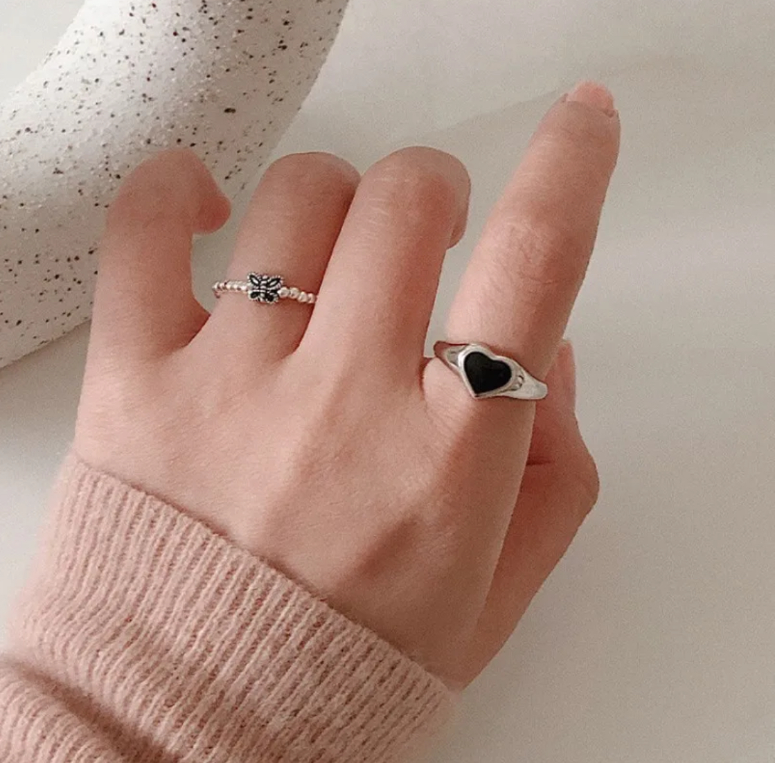 Silver black heart ring