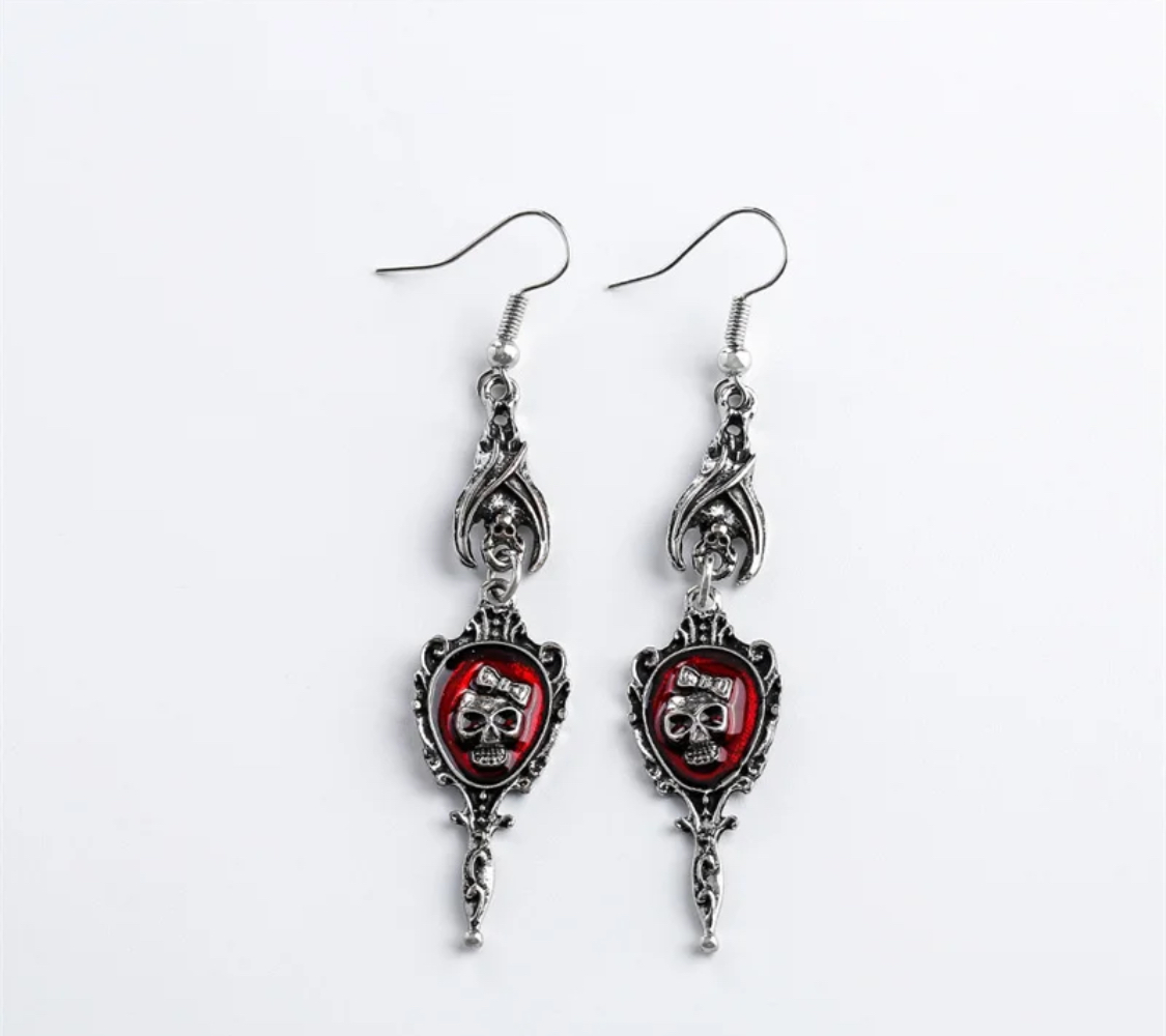 Blood red mirror skull earing