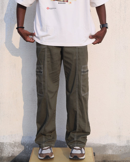 Green cargos with white stitch details