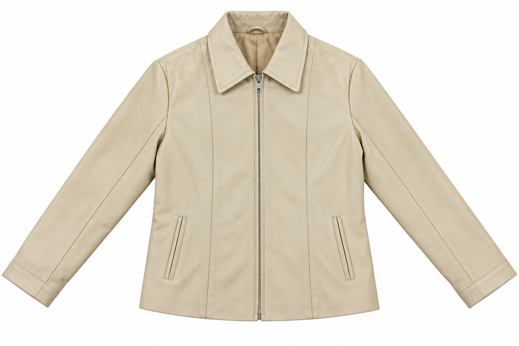 Beige Collared Leather Jacket – front view