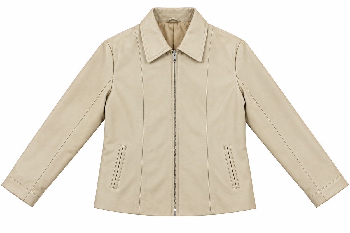 Beige Collared Leather Jacket – front view