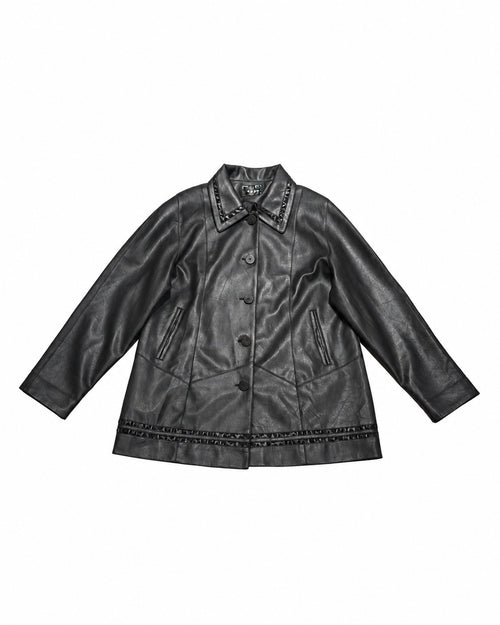 Black Button-Front Leather Jacket – front view