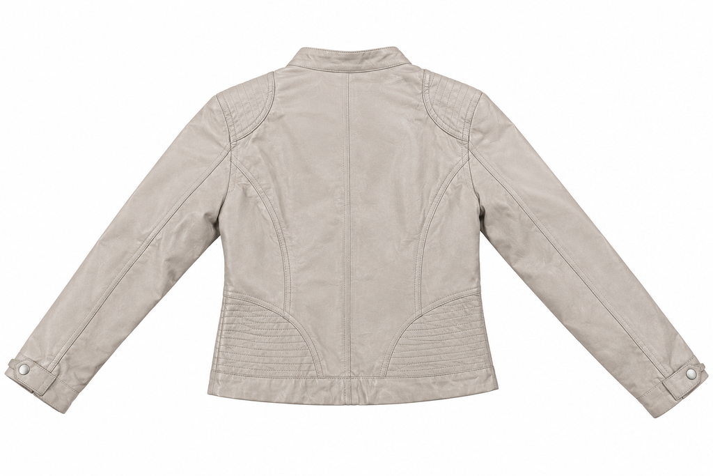 Grey Leather Biker Jacket – back view