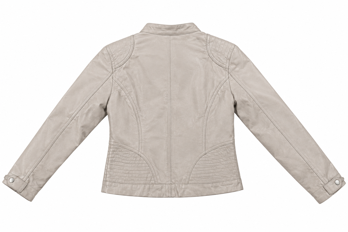 Grey Leather Biker Jacket – back view