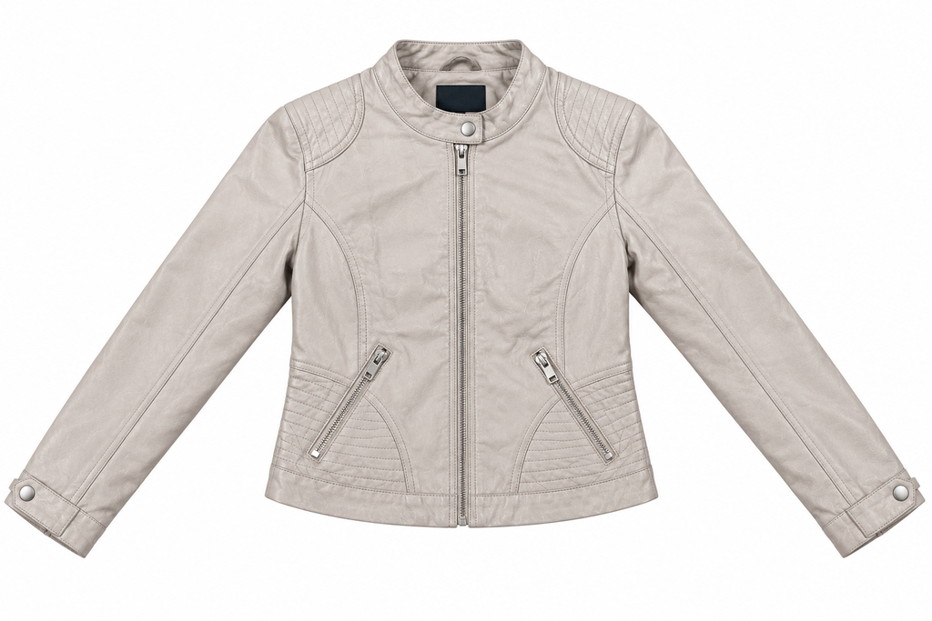 Grey Leather Biker Jacket – front view