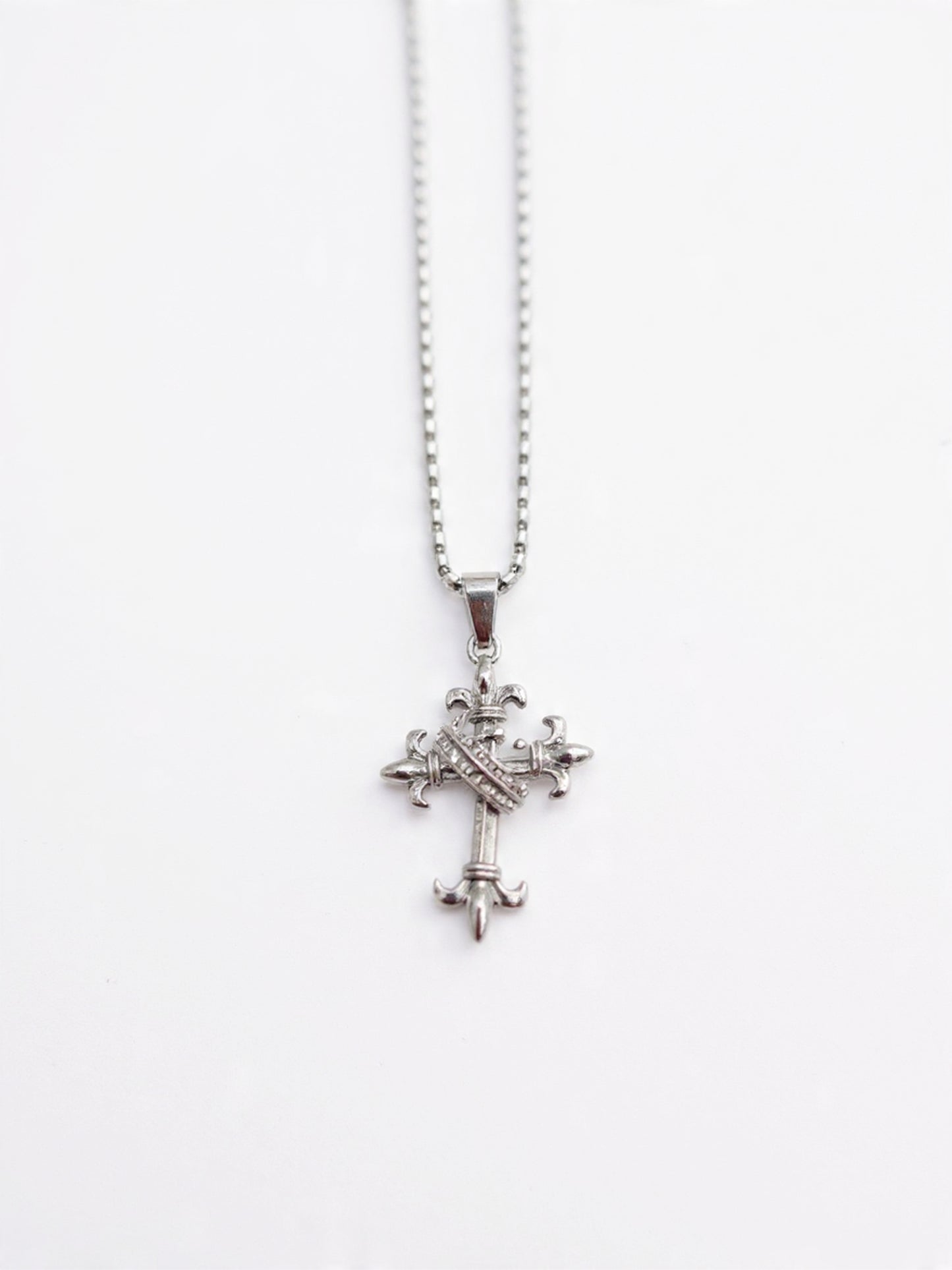 Silver Fleur-de-Lis Cross Pendant Necklace