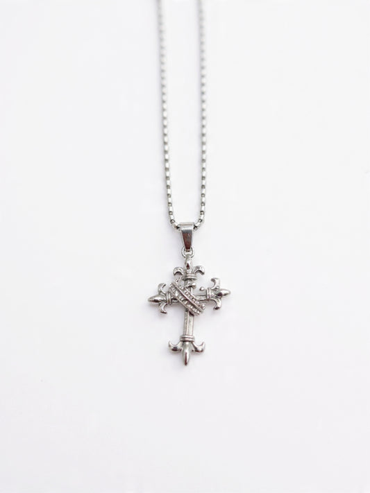 Silver Fleur-de-Lis Cross Pendant Necklace