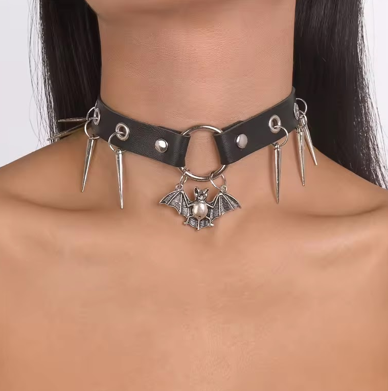 Leather bat collar neck chain