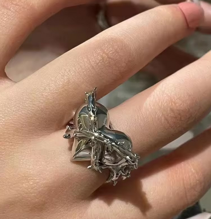 Silver locked heart ring